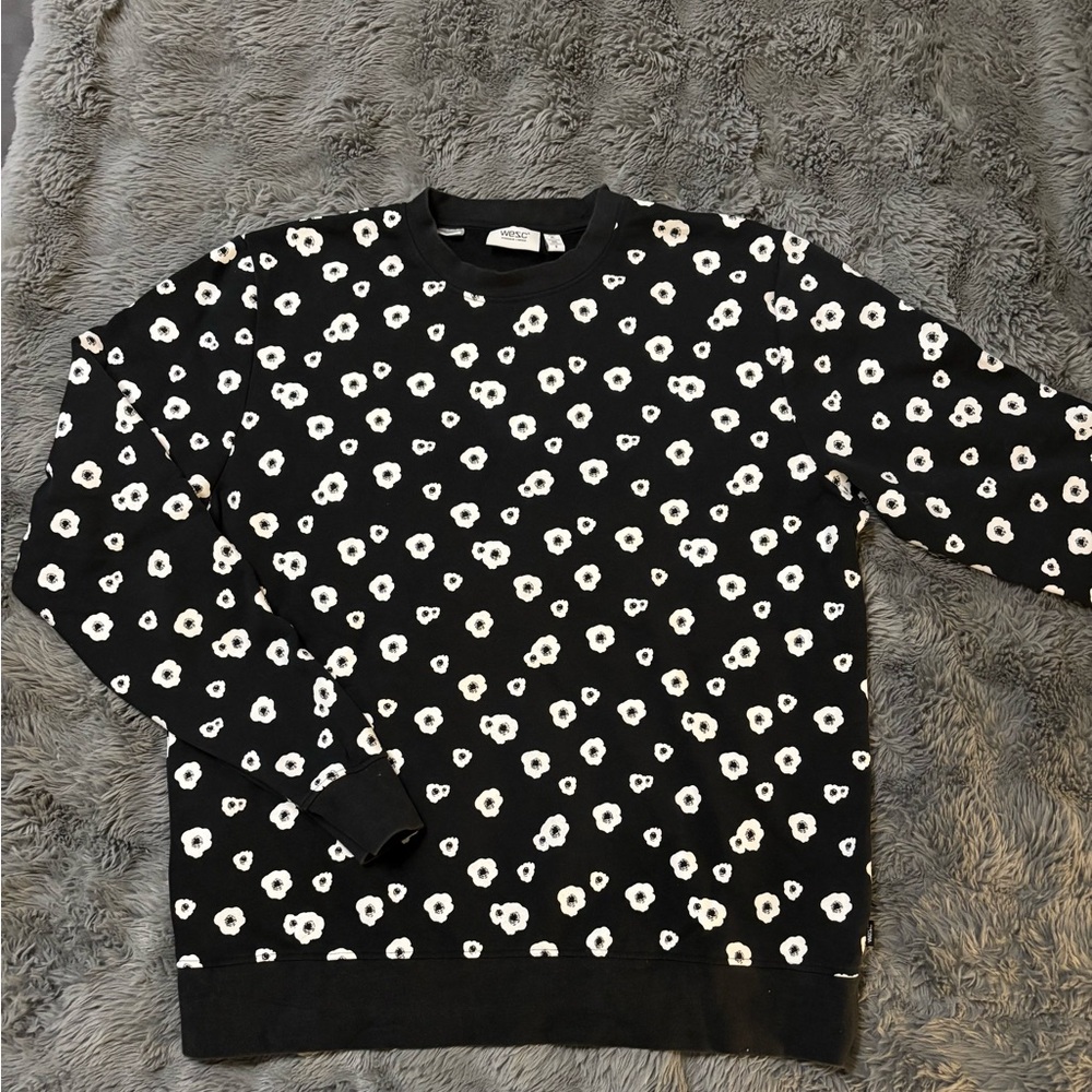 Wesc Black Crewneck Sweatshirt with White Daisy Print